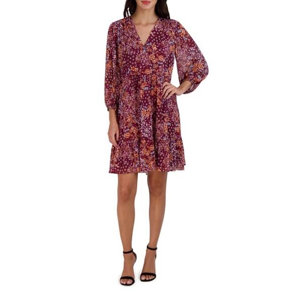 Sandra Darren Burgundy Floral Balloon Sleeve V-Neck Babydoll Mini Dress 12 NWT - Picture 1 of 15
